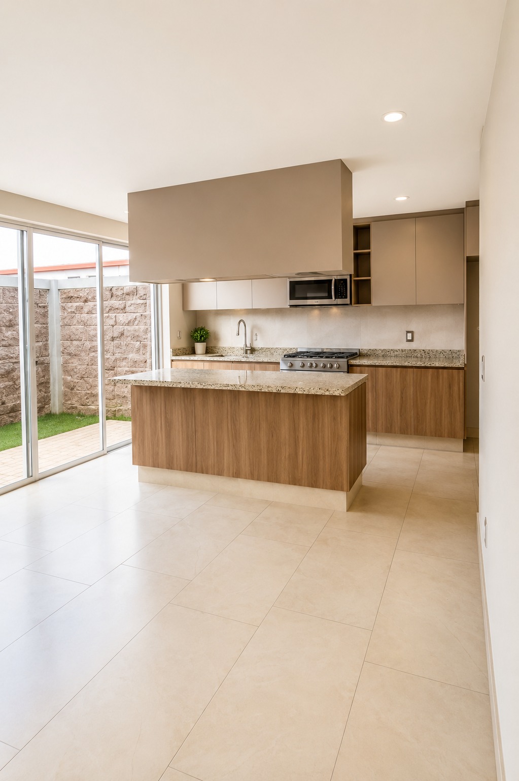 Cocina integral con isla, cubierta de granito y ventanal corredizo hacia el patio