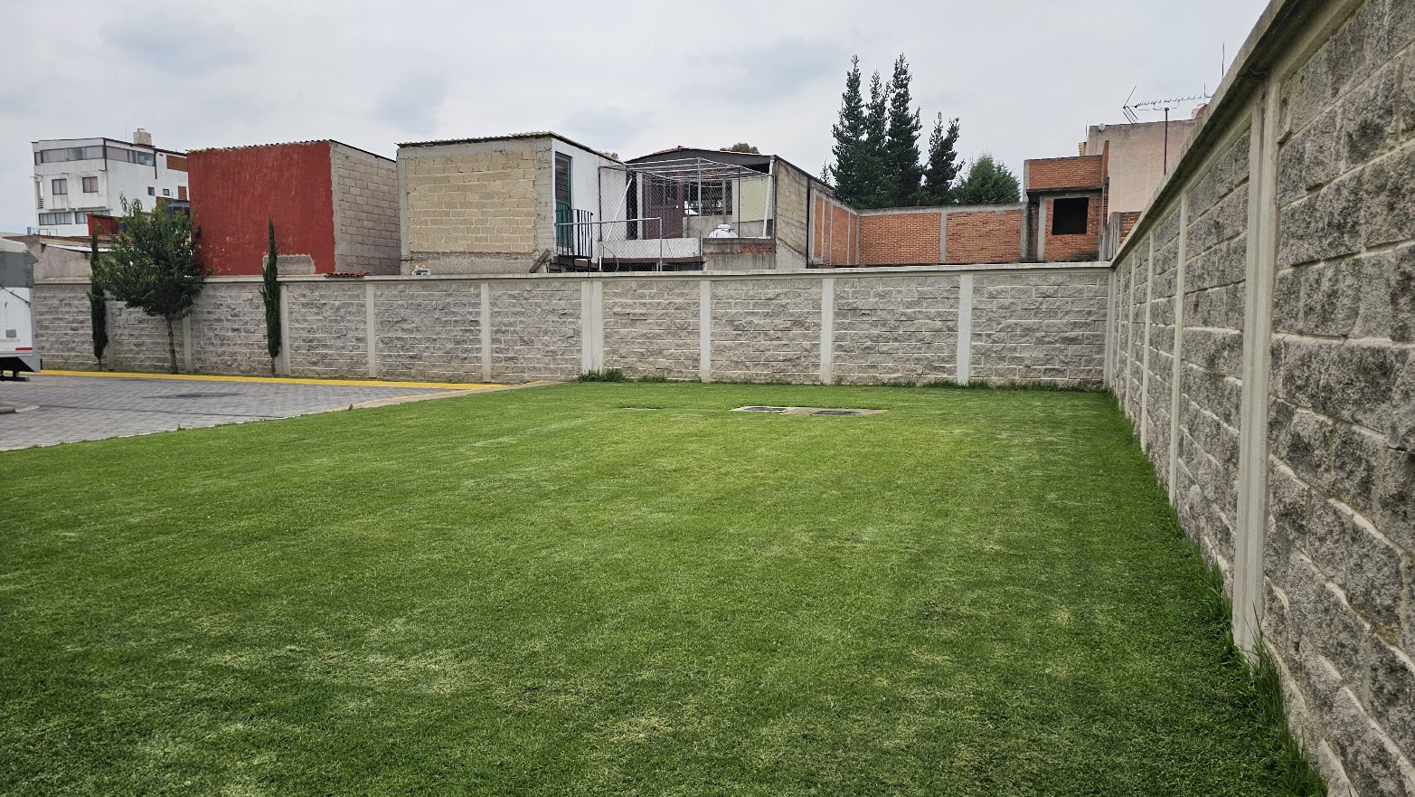 Área verde común del desarrollo con pasto natural y muro perimetral de piedra