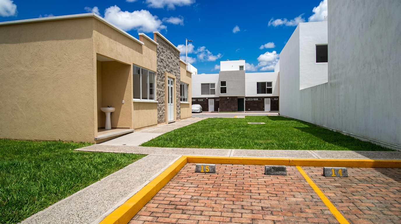 Interior del condominio: estacionamiento de visitas con adoquín, jardines comunes y vista de las fachadas de las residencias