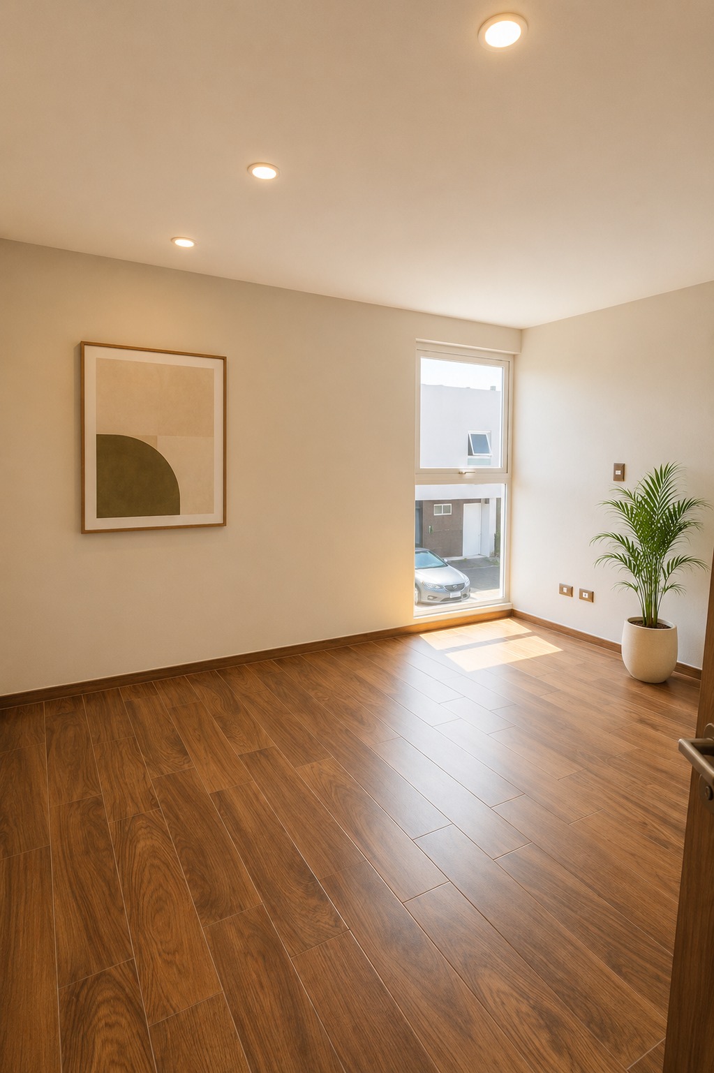 Recámara con piso de madera, ventanal amplio y luz natural