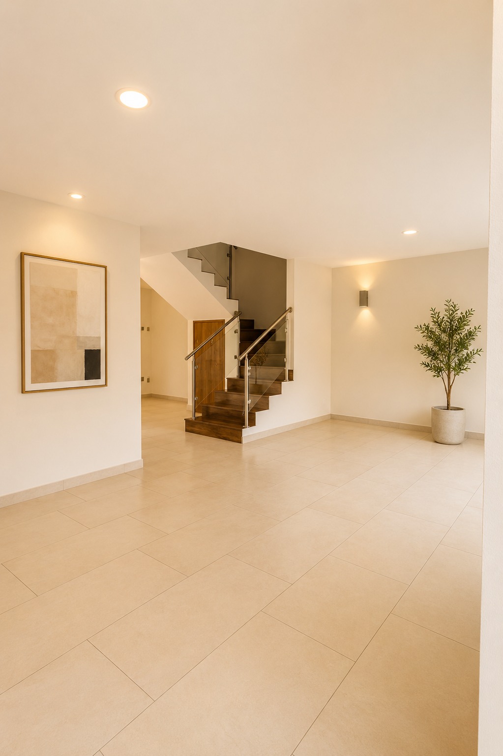 Estancia amplia con piso de porcelanato claro y escalera de madera con barandal de cristal